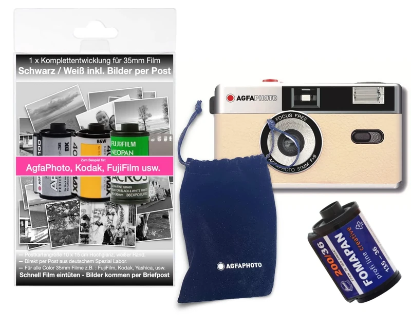 AgfaPhoto Analogue 35 mm Photo Camera in Complete Set: Film + Battery + Development Kit for up to 36 Black/White/Images (by Post)