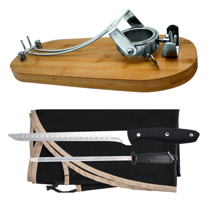 NERTHUS FIH 1211 Jamenero Folding Swivel Head Cover + Manual Sharpener + Ham Knife Holder, Wood Stainless Steel, Black/White