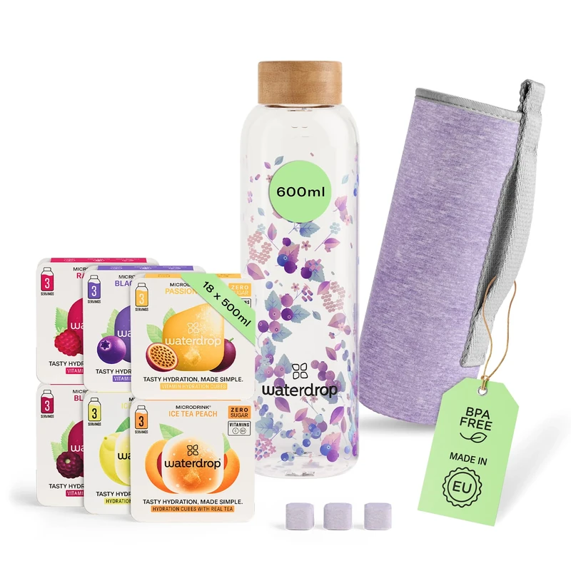 waterdrop® Glass Starter Set – 600ml Borosilicate Glass Bottle + 18 Sugar-Free Microdrink Hydration Cubes in 6 Flavours, Vitamin C & B Infused, BPA Free Water Bottle, Gift Set
