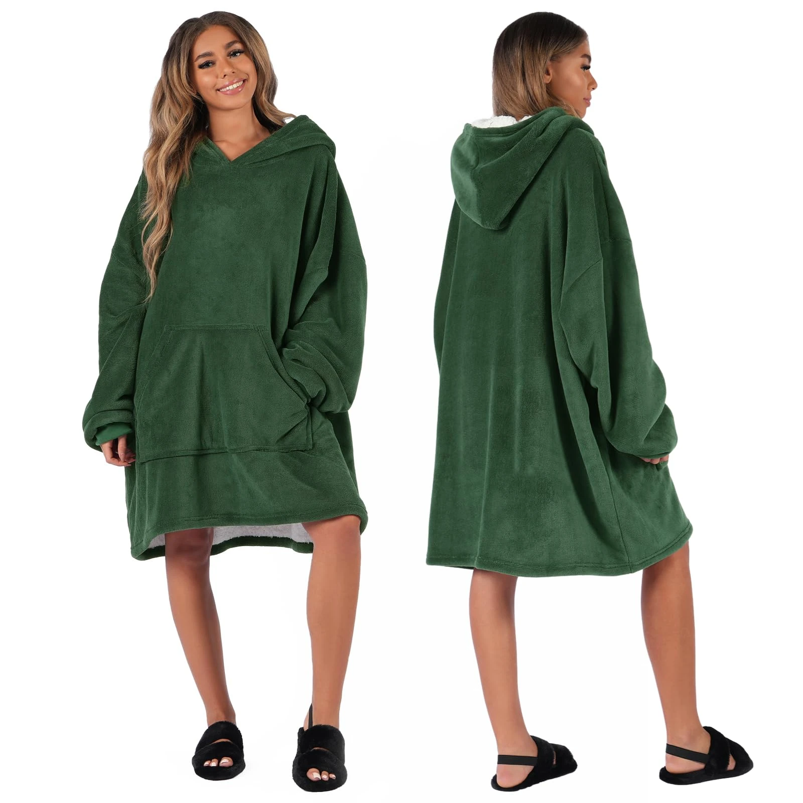 Sienna Hoodie Blanket Oversized Ultra Soft Plush Sherpa Fleece Wearable Warm Throw Blanket Cosy Giant Sweatshirt - Forest Green