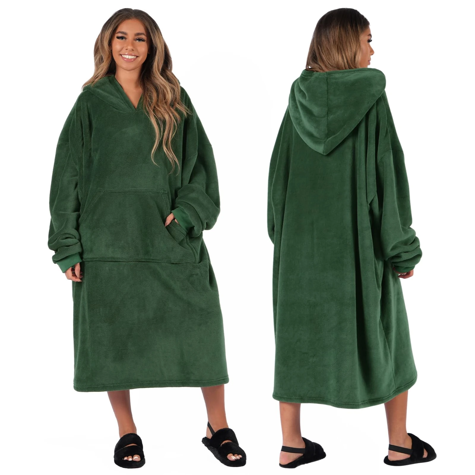 Sienna Extra Long Oversized Blanket Hoodie Wearable Throw with Pockets Sleeves Soft Sherpa Fleece Wearable Throw Giant Sweatshirt, Forest Green