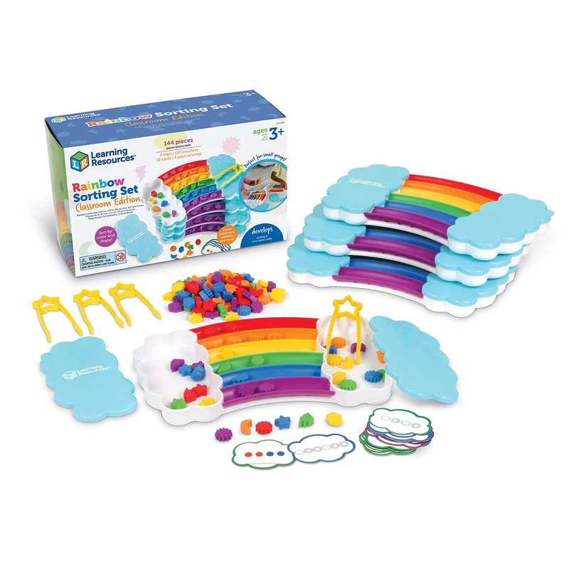 Learning Resources Rainbow Sorting Set Classroom Edition Set of 4 Fine Motor Skills, Sorting, Patterning, Addition Skills, Learning and Education Toys, Sensory Tray, 144-Piece, Ages 3+