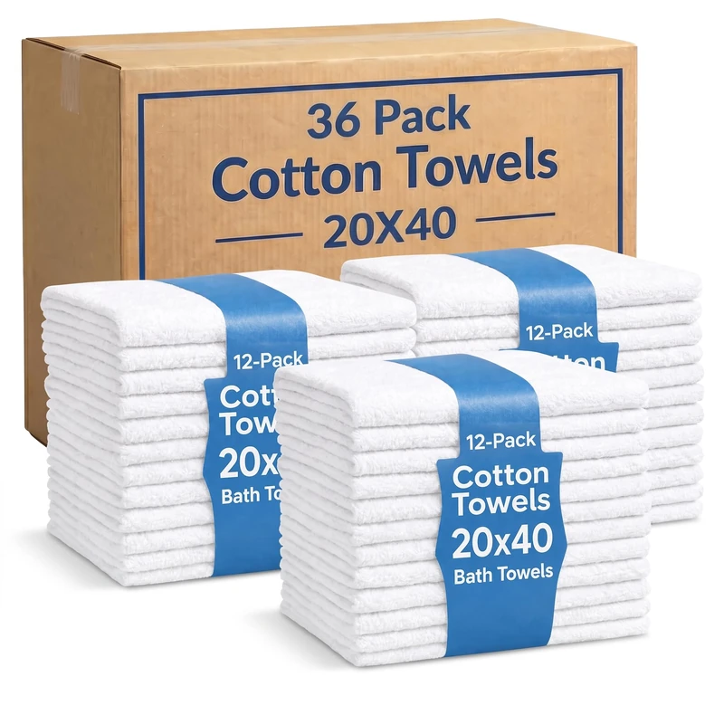 White Cotton Bath Towels 36-Pack (20x40), Lightweight Quick-Dry Gym & Pool