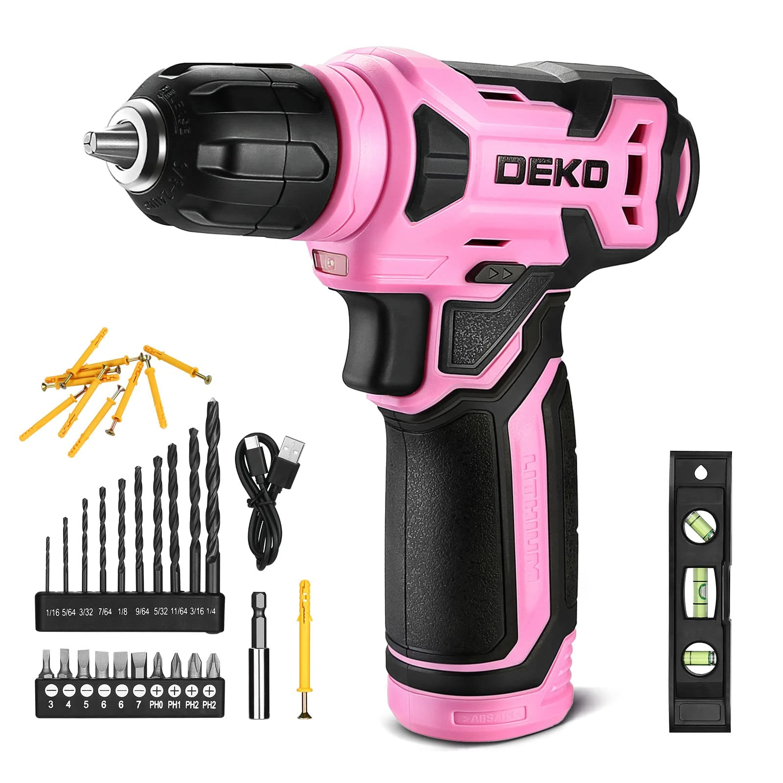 DEKOPRO 8V Cordless Drill Set, 3/8" Keyless Chuck, 42pcs Accessories, Built-in LED, Type-C Charge, Pink Power Drill for Drilling and Screws