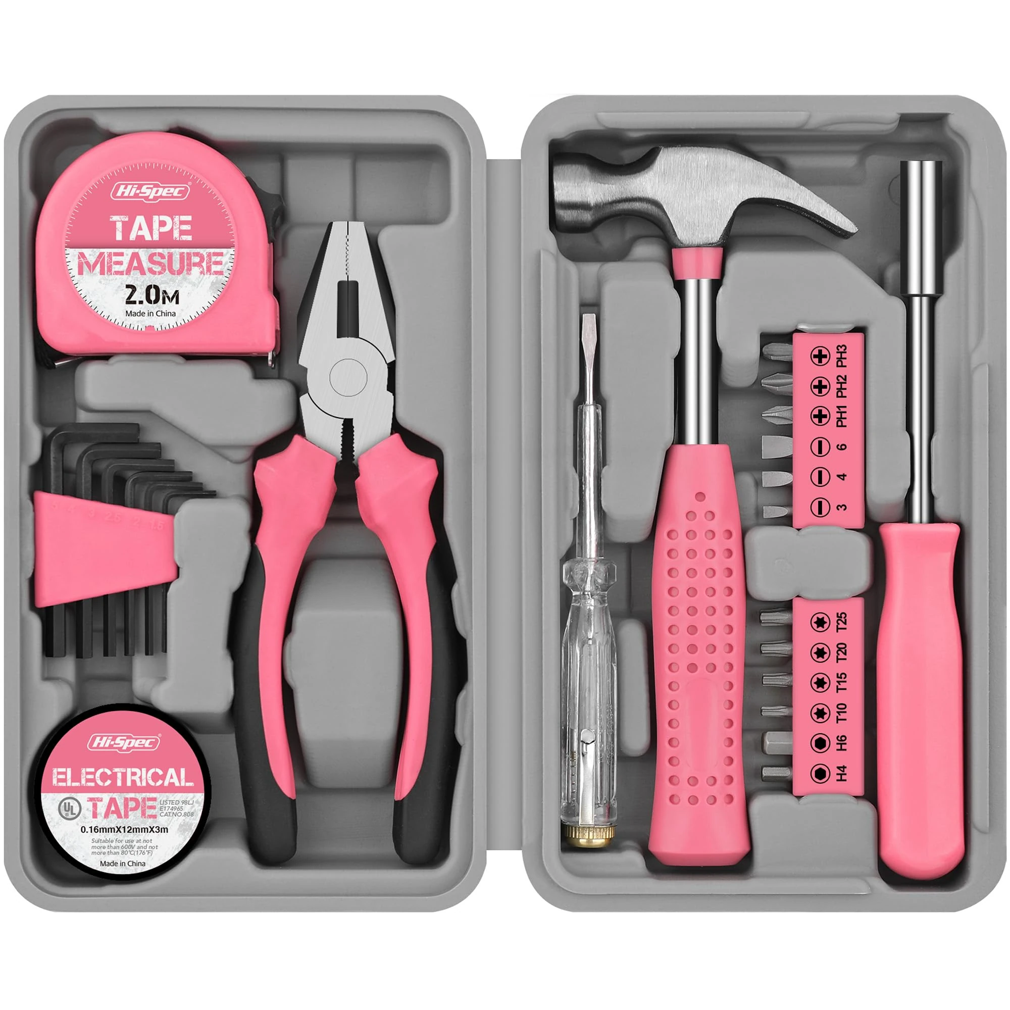 Hi-Spec Pink Small Tool Kit for Home DIY, Repairs & Crafts – 24pc Lady Tool Set with Mini Hammer, Pliers, Screwdriver Set, Hex Keys & Tape Measure in Compact Tool Box Case – Gift for Women