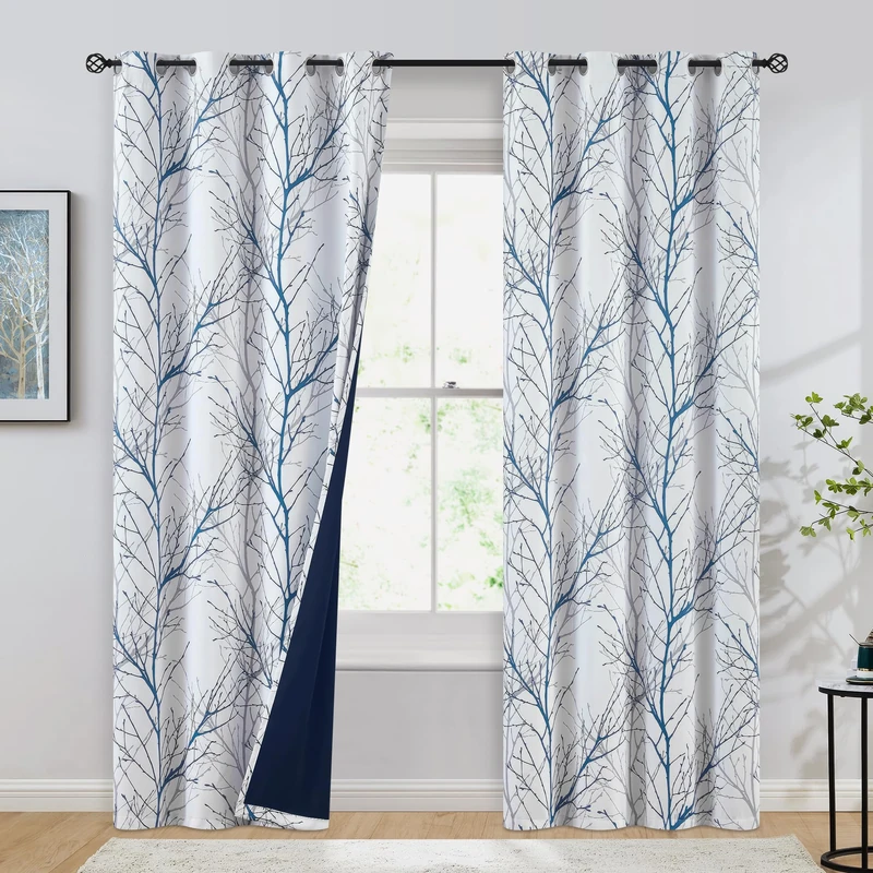 Blue-White Tree Blackout Curtains for Bedroom 84" Long Blue Grey Branch Curtain Drapes for Living Room Triple Weave Energy Saving Full Blackout Window Curtains for Summer Winter 2pcs Grommet Top