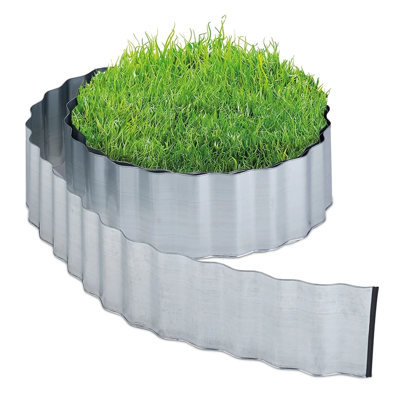 Relaxdays Garden Edging, Lawn Border, 8 m Length, 16 cm Height, Galvanised, Flexible, Metal, Silver Colour, Iron