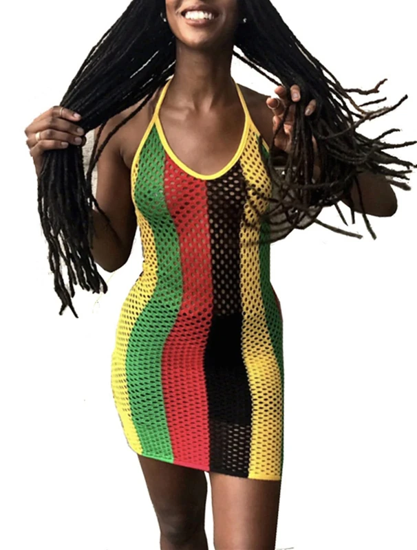 SAMACHICA Womens Tank Colorful Stripe Fishnet Cover up Mini Dress Bikinis Swimwear Rasta Dress, Backless Floral, Small - Image 1