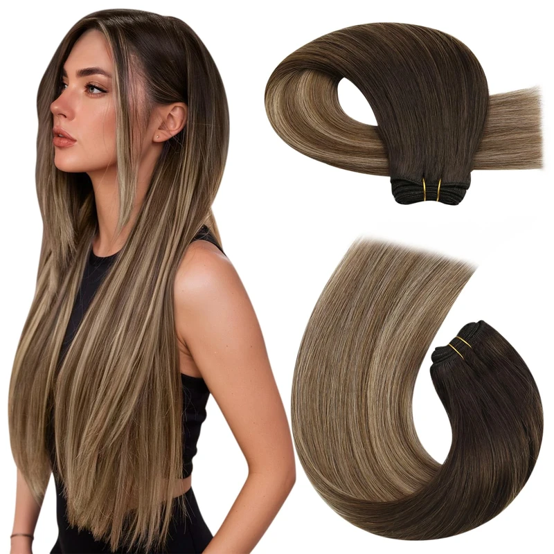 Moresoo Hair Weft Remy Human Hair Invisible Sew in Human Hair Extensions Balayage Brown and Honey Blonde 14 Inch 100g/Pack #4/10/16
