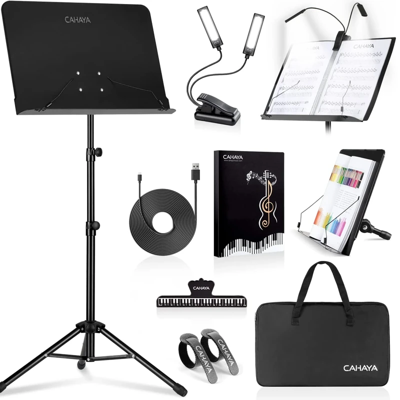 CAHAYA 6 in 1 Music Stand with Stand, Lightweight Desktop Book Stand with Carry Bag, Music Folder & Clip, Metal, Portable Solid Back for Guitar, Ukulele, Violin Player, CY0194set