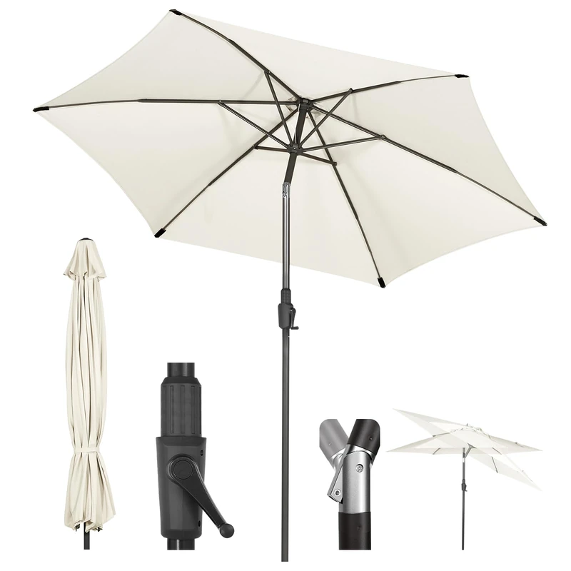 Sekey 270 cm Parasol with Crank and Auto Tilt, Market Umbrella for Patio, Balcony and Garden, Windproof, Stable UPF 50+, Grey Beige, Round