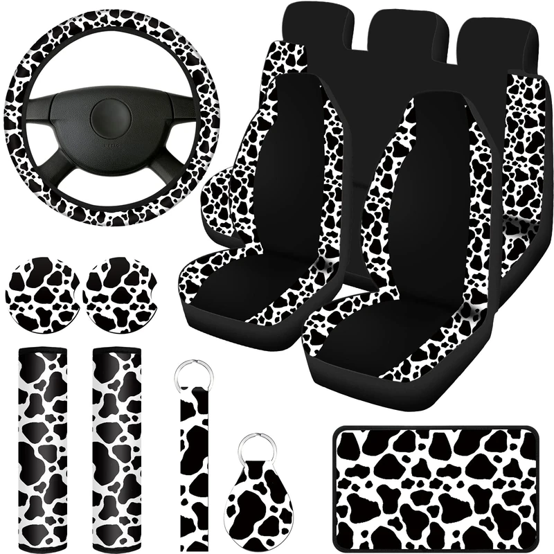 Frienda Cow Print Car Seat Covers Full Set for Women Men Cow Print Car Accessories Set Rubber Steering Wheel Cover Car Armrest Pad Cover Seat Belt Pads Wrist Holder Keychain(Classic Style, Rubber)
