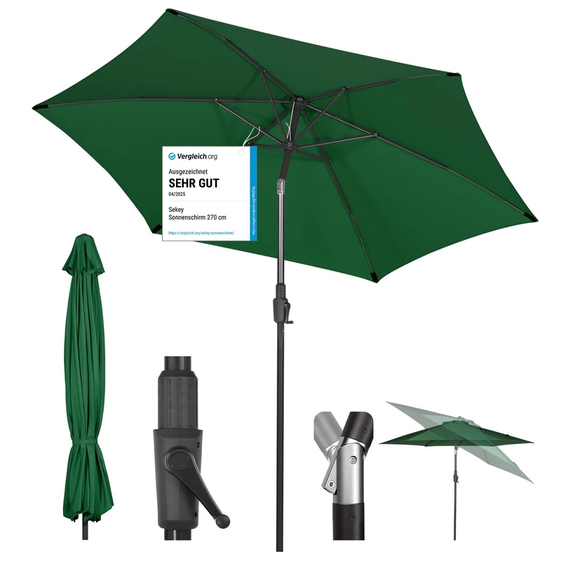 Sekey 270 cm Parasol with Crank and Auto Tilt, Market Umbrella for Patio, Balcony and Garden, Windproof, Stable, UPF 50+, Green, Round