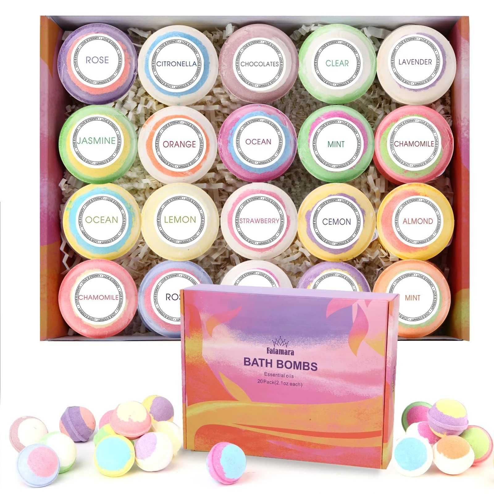 Fafamara Bath Bombs, Foaming Gift Set 20 Organic & Natural Handcrafted Essential Oils Relaxation and Stress Relief Fizzy Balls Ideal Birthday Gift for Her/Him, Women, Wife, Girlfriend, Mother