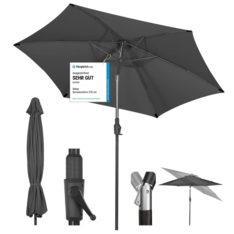 Sekey® 270 cm Parasol with Crank and Auto Tilt, Market Umbrella for Patio, Balcony and Garden, Windproof, Stable, UPF 50+, Grey, Round