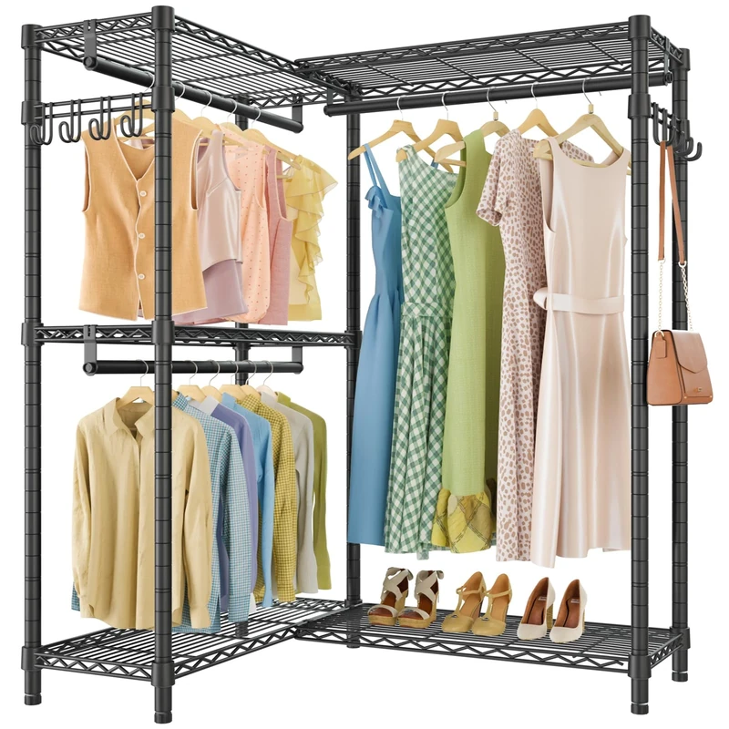 VIPEK L4 Garment Rack L Shaped Clothes Rack for Corner, Freestanding Portable Wardrobe Closet Heavy Duty Clothing Rack with 3 Hanging Rods & 2 Side Hooks, 44.1"Lx28.4"Wx76.4"H, Max Load 750LBS, Black