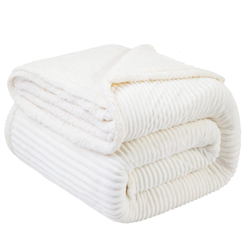 LBRO2M Striped Sherpa Fleece Bed Blanket Twin Size, Super Soft Fuzzy Plush Warm Cozy Fluffy Microfiber Couch Throw Velvet Double Reversible Luxurious Blankets (65x90),Ivory