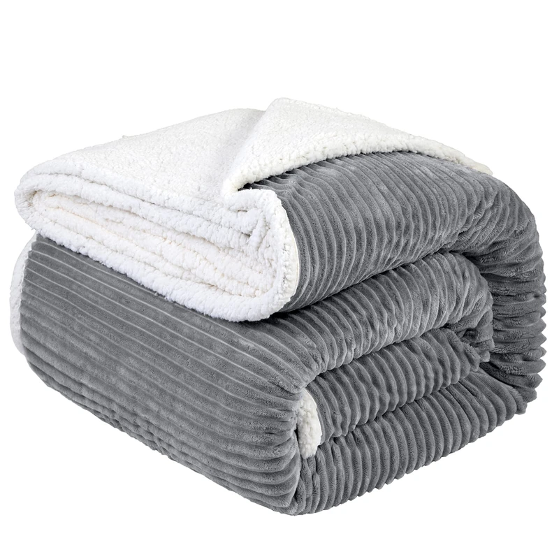 LBRO2M Striped Sherpa Fleece Bed Blanket King Size, Super Soft Fuzzy Plush Warm Cozy Fluffy Microfiber Couch Throw Velvet Double Reversible Luxurious Blankets (90x104),Grey