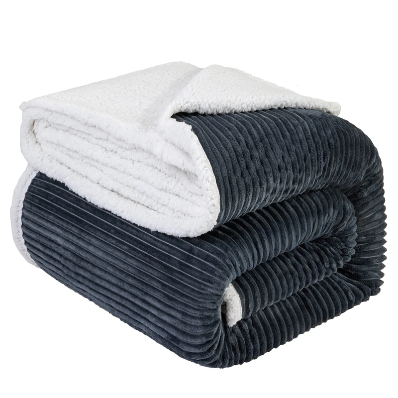 LBRO2M Striped Sherpa Fleece Bed Blanket King Size, Super Soft Fuzzy Plush Warm Cozy Fluffy Microfiber Couch Throw Velvet Double Reversible Luxurious Blankets (90x104), Dark Grey