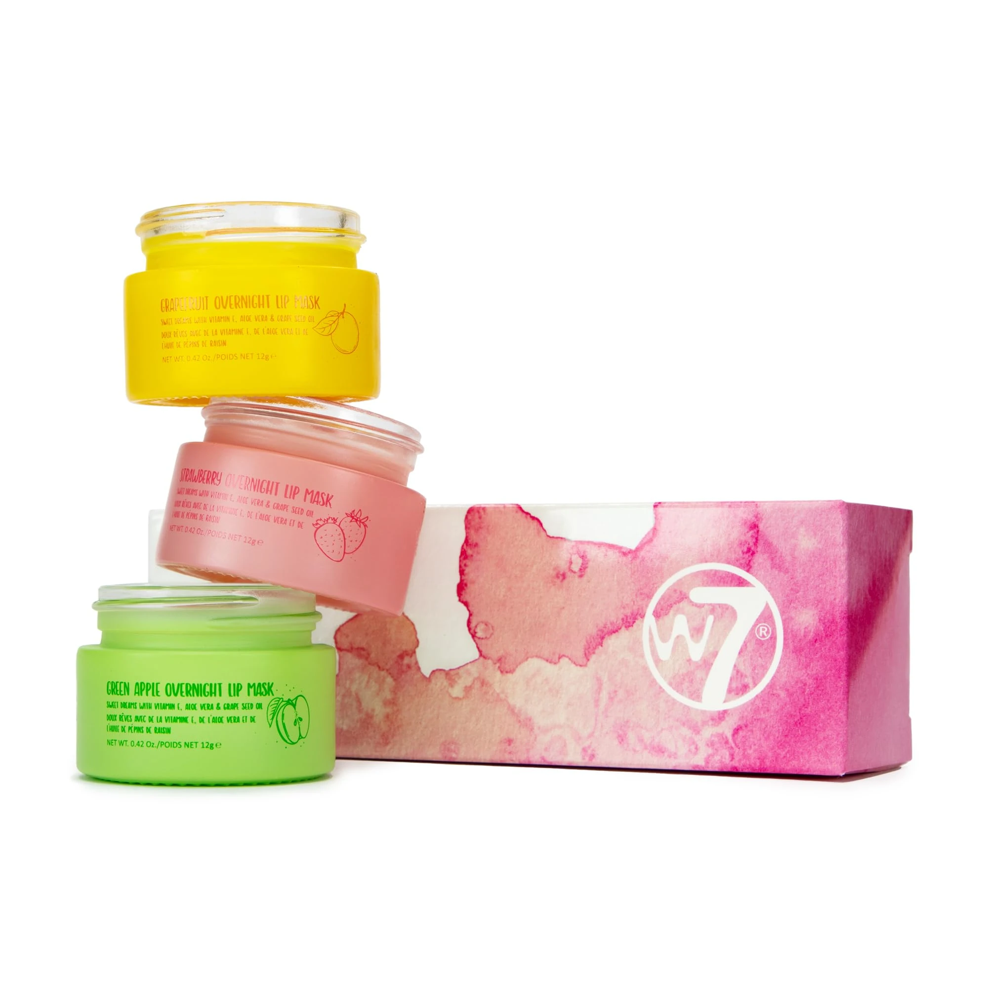 W7 Sweet Dreams Overnight Lip Mask Trio - Strawberry, Apple & Grapefruit Flavour - Vitamin E, Aloe Vera and Grape Seed Oil - For Hydrated, Full Looking & Irresistible Lips - 12ml