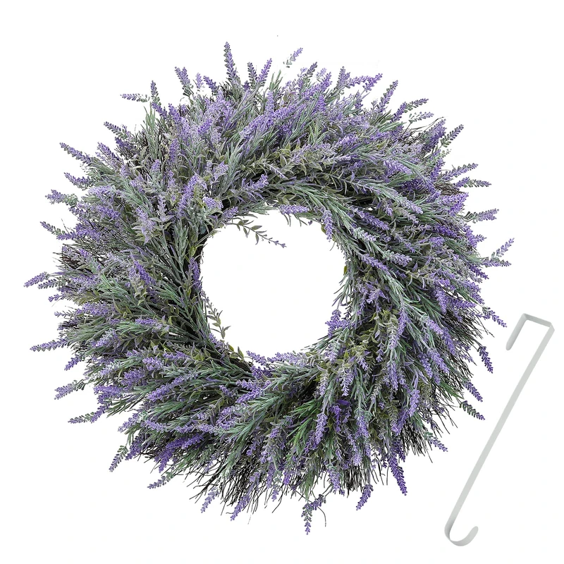 Huadanbor 24" Wreath, Winter Wreaths, Artificial Lavender Wreath for Front Door, with Welcome Sign Wreath Hanger, for Spring, Summer, Autumn and Winter, Indoors,Outdoors, corridors, Offices. (Purple)