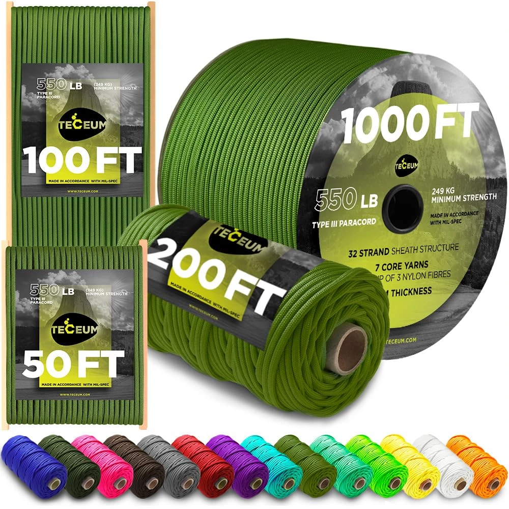 TECEUM Paracord Type III 550 Green Pepper – 30 m – 4mm – Tactical Rope MIL-SPEC – Outdoor Para Cord – Camping Hiking Fishing Gear and Equipment – EDC Parachute Cord – Strong Survival Rope (100ft) 354