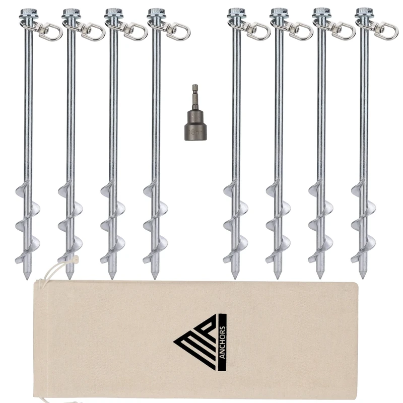 Ground Anchors Screw in - 12 Inch Set of 8 - Tent Stakes Heavy Duty - Trampoline Anchor Kit - Earth Anchor - Swing Set Anchors for Metal Swing Set - Trampoline Stakes Anchors High Wind