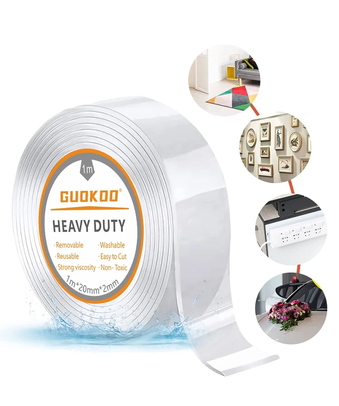 Guokoo Nano Double Sided Tape Heavy Duty - Transparent Reusable Nano Adhesive Tape, Washable Traceless Strong Gel Tape, Wall Sticky Strips for Carpet Fixing, Photos Posters. (2CM * 2MM * 1Metre)