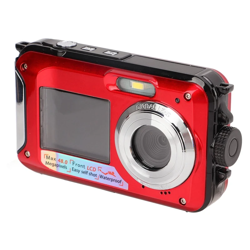 Underwater Camera, Full HD 2.7K 48MP Waterproof Digital Camera, 10ft Depth Waterproof Design, 16X Digital Zoom Underwater Digital Camera, Front Rear Double Screens (Red)
