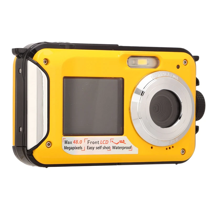 Underwater Camera, Full HD 2.7K 48MP Waterproof Digital Camera, 10ft Depth Waterproof Design, 16X Digital Zoom Underwater Digital Camera, Front Rear Double Screens (Yellow)