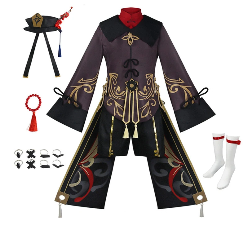 Yakisle Hu tao Cosplay Outfit Hu Tao Cosplay Costume Halloween Outfit with Hat for Women(L, black)