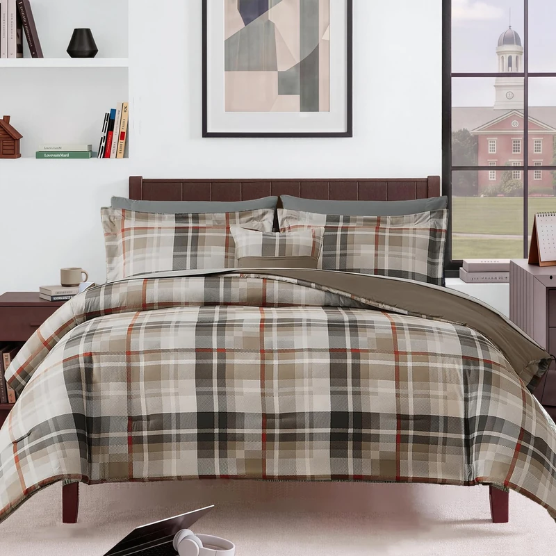 MaiRêve Plaid Full Size Comforter Set Khaki 7 Pieces Bed in a Bag