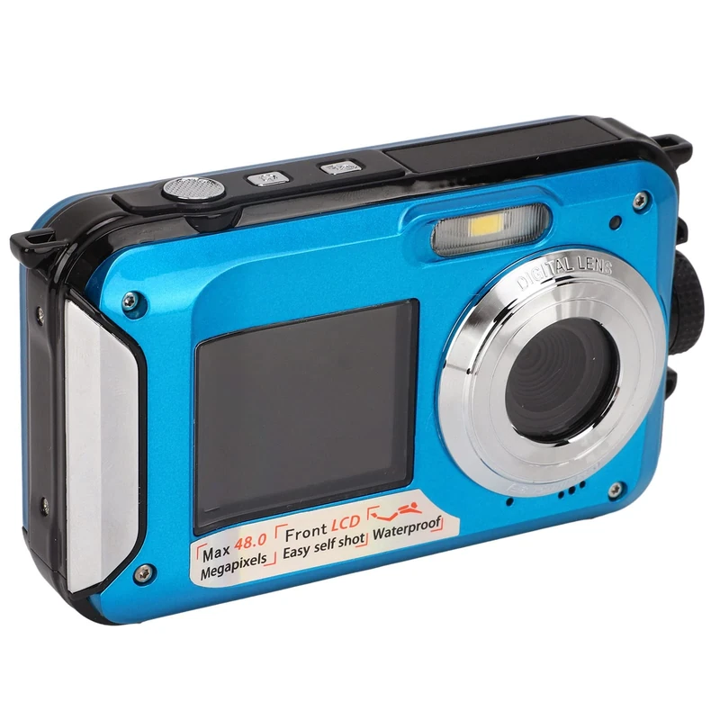 Underwater Camera, Full HD 2.7K 48MP Waterproof Digital Camera, 10ft Depth Waterproof Design, 16X Digital Zoom Underwater Digital Camera, Front Rear Double Screens (Blue)