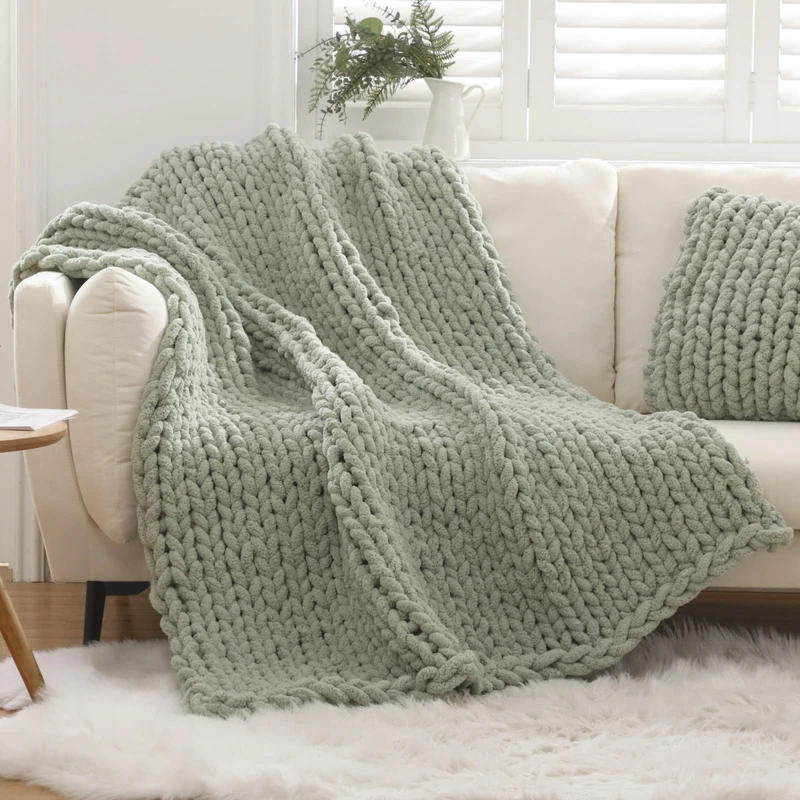 WESHIONGOO Chunky Knit Blanket Throw 50"×60" Knitted Throw Blankets for Couch Bed Fluffy Soft Blanket with Jumbo Chenille Yarn Thick 100% Handmade (Sage Green)