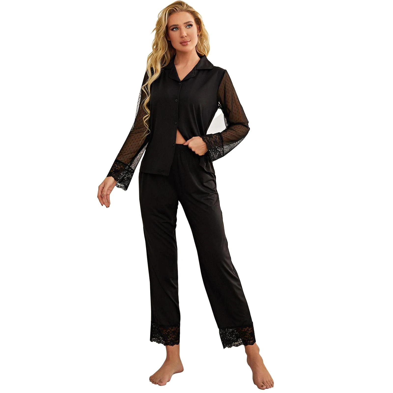 Pajama Set For Women Loungewear Sleepwear Button Down Pj Set Long Sleeve Shirt and Full Length Bottom Pajama Set,Black,L