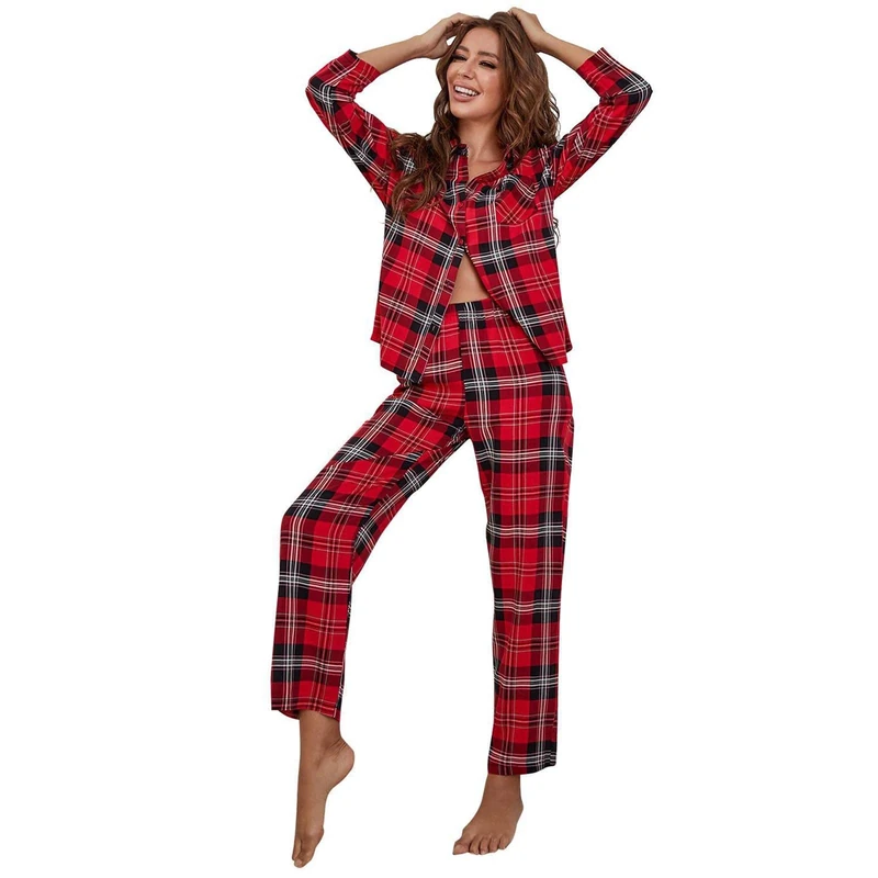 Womens Pajama Sets Sleepwear Loungewear Nightgown for Women Long Sleeve Button Front Shirt and Pant Pajama Set,Red,S