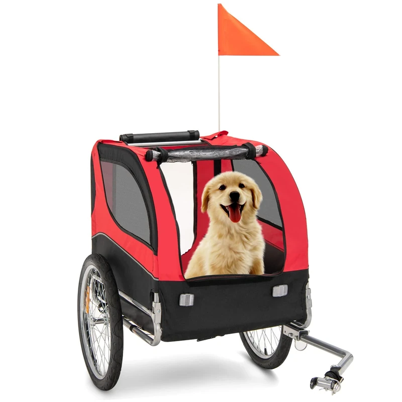COSTWAY Dog Trailer for Bicycle, Maximum Load 40 kg, Bicycle Trailer for Small and Medium Dogs, Sturdy Dog Buggy with 8 Reflectors, Foldable Dog Bicycle Trailer, Oxford (Red)