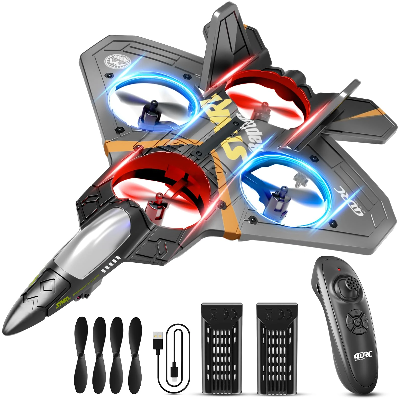 4DRC V17 Remote Control Plane 2.4Ghz Foam RC Airplanes Helicopter Quadcopter for Adults Kids,Spinning Drone,Gravity Sensing,Stunt Roll,Cool Light,2 Battery,Gifts for Kids Boys