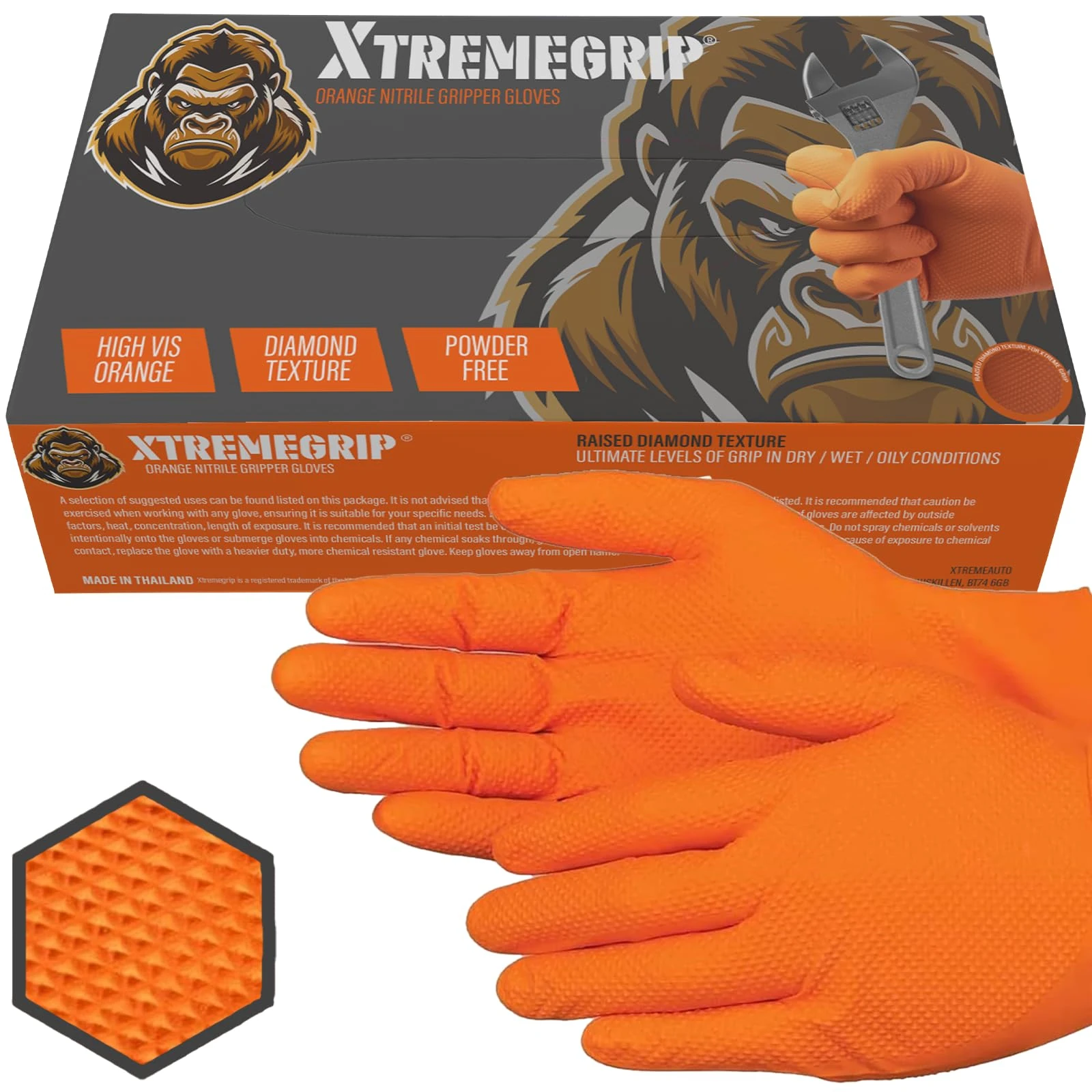 Xtremeauto Nitrile Gloves - Disposable, Diamond Grip Orange, Powder-free & Latex Free Extra Thick & Strong Mechanics Gloves (1 Box, Medium)