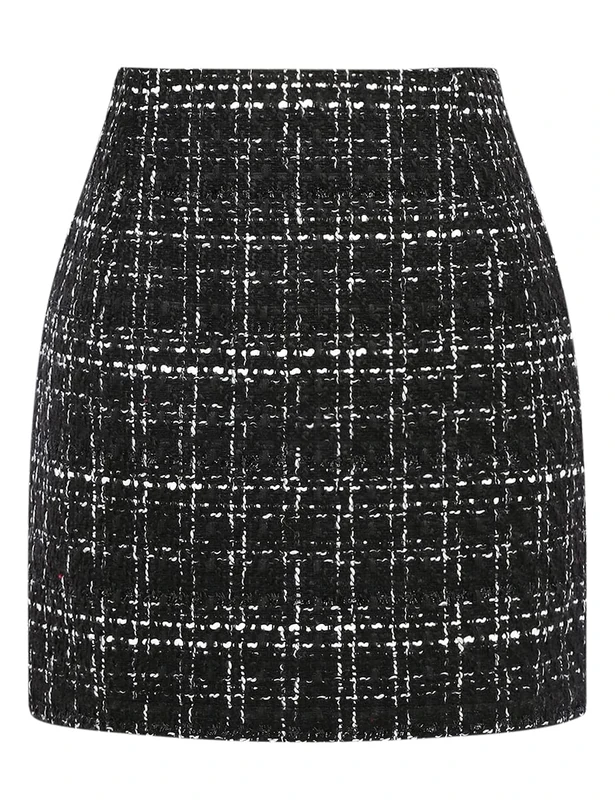 IDEALSANXUN Womens High Waist Plaid Skirt Bodycon Pencil Wool Mini Skirts, Tweed Black New, L - Image 1