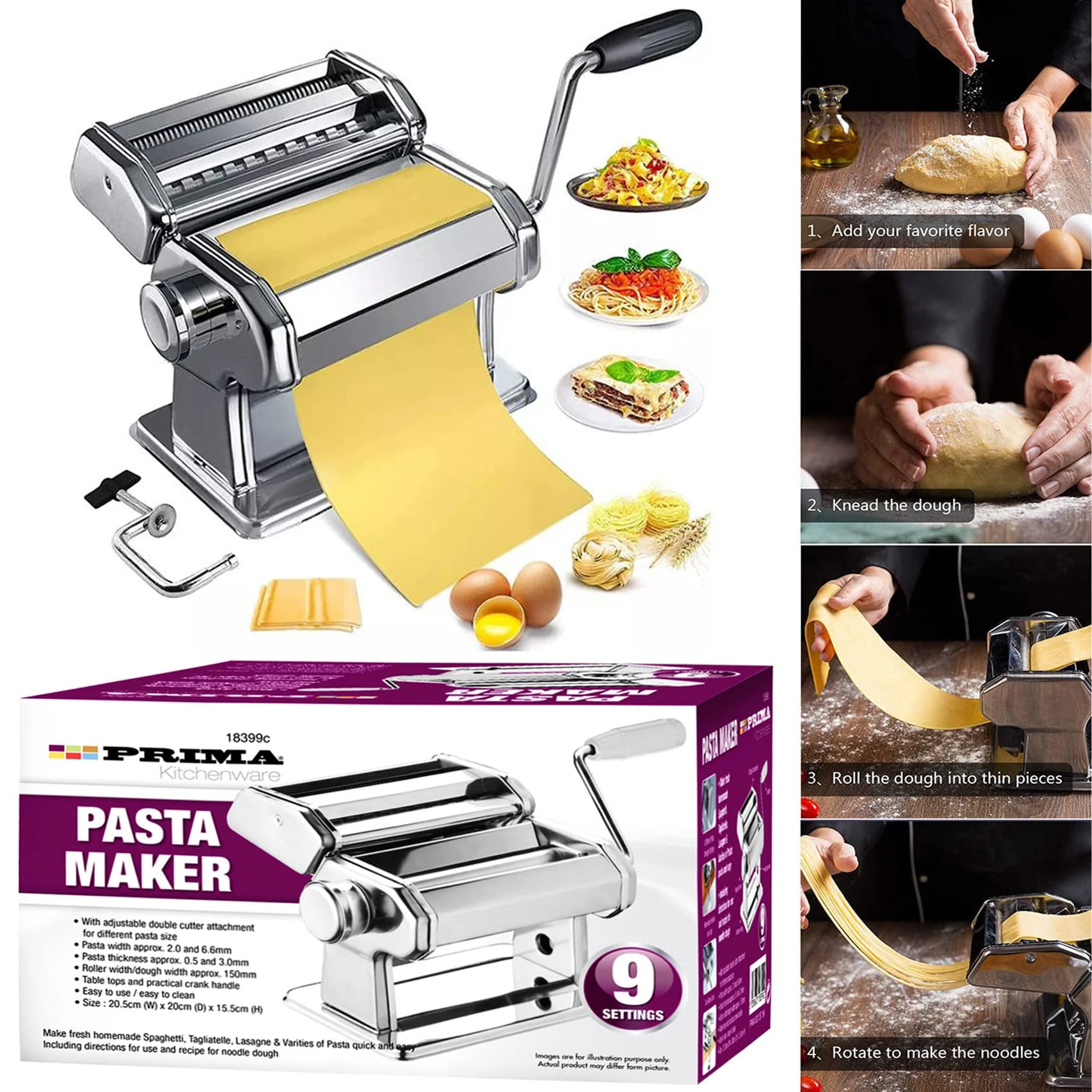 9 Settings Professional Pasta Maker Stainless Steel Kitchen Tools Spaghetti Roller Lasagne Tagliatelle Ravioli Fettuccine Cutter Home Cook Chef Restaurant Shop Homemade DIY Fresh UK Free P&P