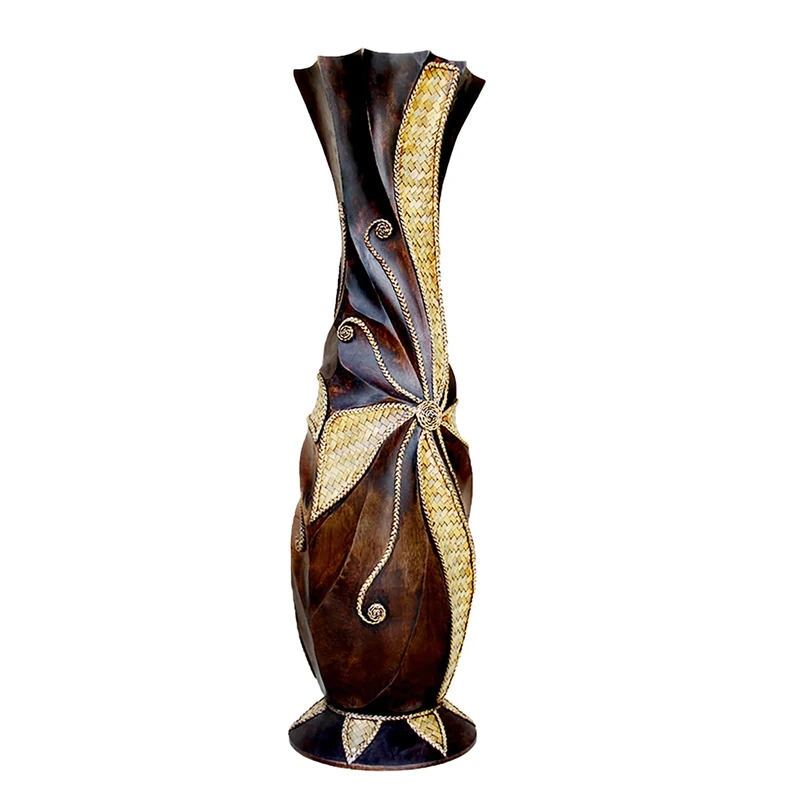 POPGRAT Tall Floor Vase, 24'' Designed Handcrafted Wood Decorative Large Brown Vases with Weaving Bamboo Strips, Wide Mouth Opening Corner Vase for Living Room Home Decor, Pampas Grass, Hallway