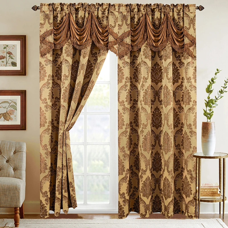Elegant Comfort Jacquard Look Curtain Panel Set with Attached Waterfall Valance, (Set of 2), 54 x 84 Inches, Gold/Taupe