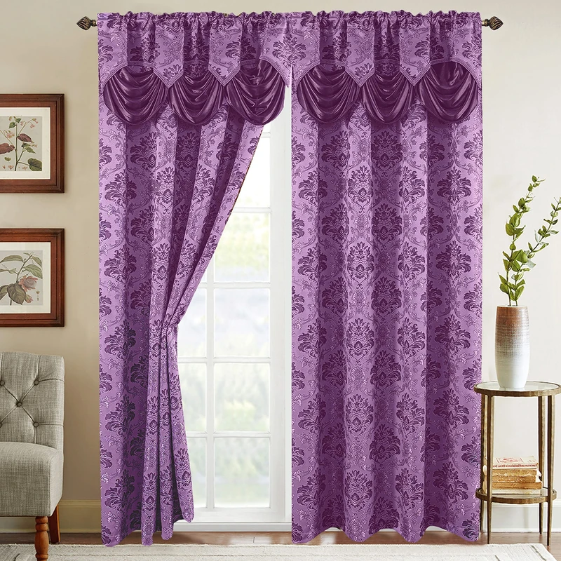 Elegant Comfort Jacquard Look Curtain Panel Set with Attached Waterfall Valance, (Set of 2), 54 x 84 Inches, Lilac/Purple