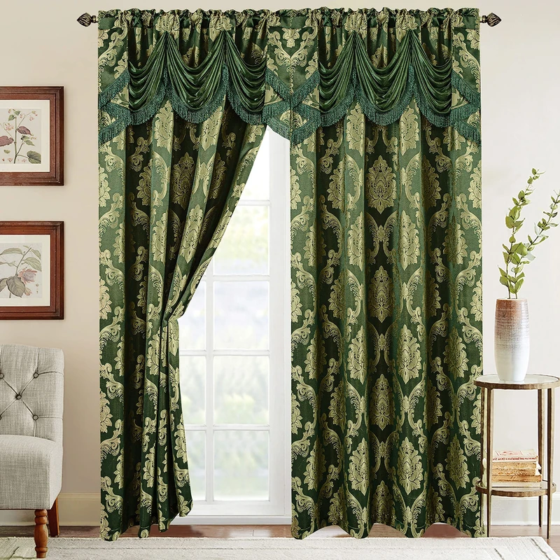 Elegant Comfort Jacquard Look Curtain Panel Set with Attached Waterfall Valance, (Set of 2), 54 x 84 Inches, Hunter Green/Sage