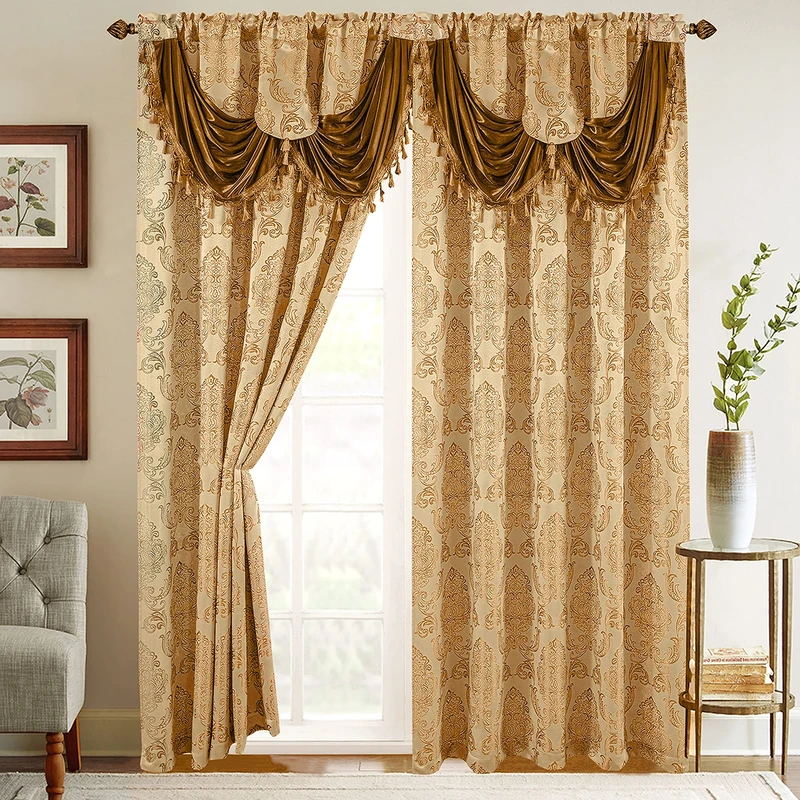 Elegant Comfort Jacquard Look Curtain Panel Set with Attached Waterfall Valance, (Set of 2), 54 x 84 Inches, Gold/Camel