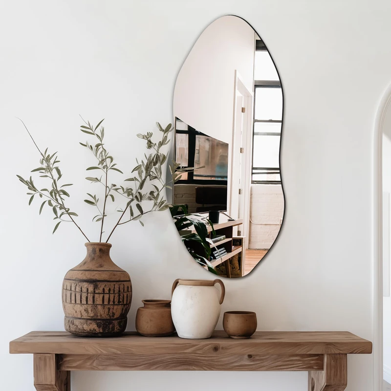 Delma Irregular Wall Mirror for Entryway and Bedroom, Asymmetric Cloud Mirror with Hooks, Frameless