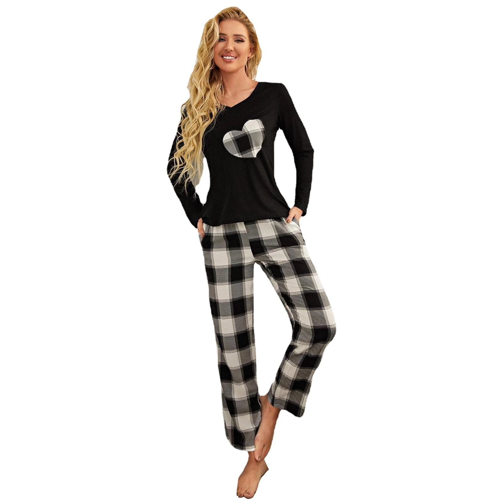Pajamas Women’s Long Sleeve Sleepwear with Long Pants Soft Loungewear Pj Set, Ladies Pajamas Set,Black,S