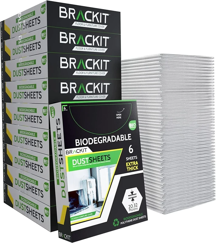 Brackit 60 Super Pack Biodegradable Large Plastic Dust Sheets for Decorating - 2.7m x 3.6m (12ftx 9ft) - 20 Micron - Embossed White Plastic Sheets - Waterproof Plastic Sheets for Painting & Covering