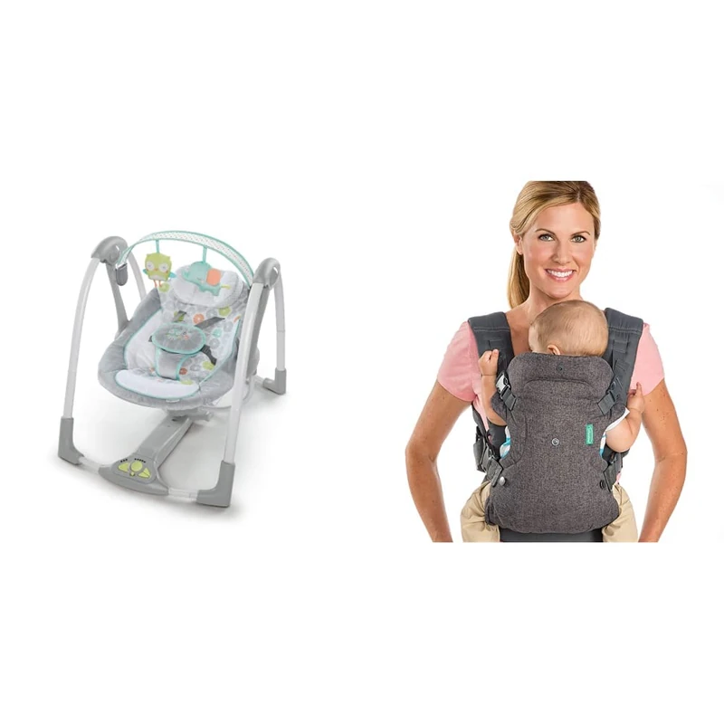 Ingenuity Swing 'n Go Portable Swing - Hugs and Hoots, 5 Speeds, 6 Melodies, Removable Toy Bar, Newborn+, Grey & Infantino Flip Advanced 4-in-1 Carrier, Grey, 8-32 lbs